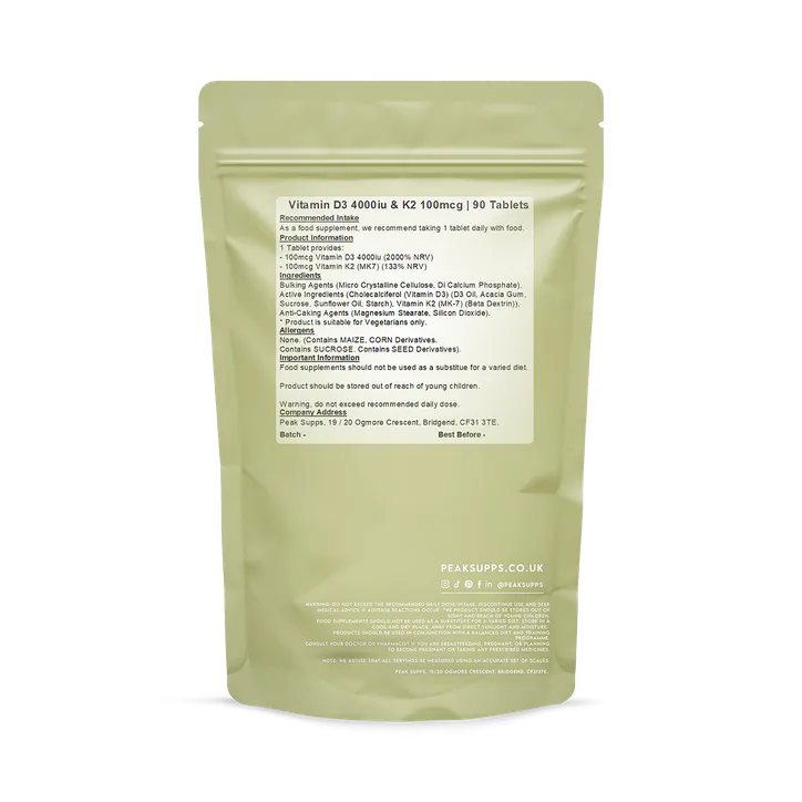 Peak Supps Vitamin D3 4000iu & Vitamin K2 MK-7 100mcg 90 Tablets, additional product view 2