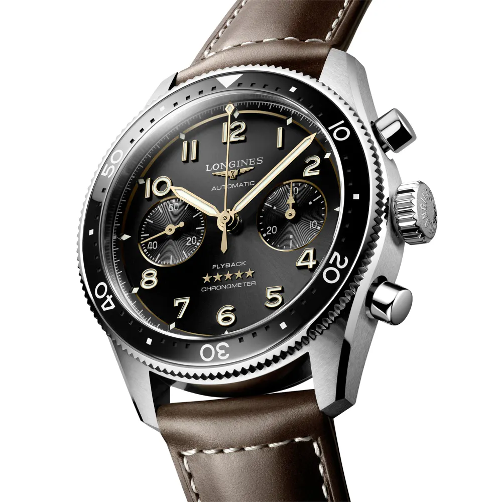 Longines Spirit Flyback 42mm Steel Brown Leather Strap Black Sunray Dial detail 2