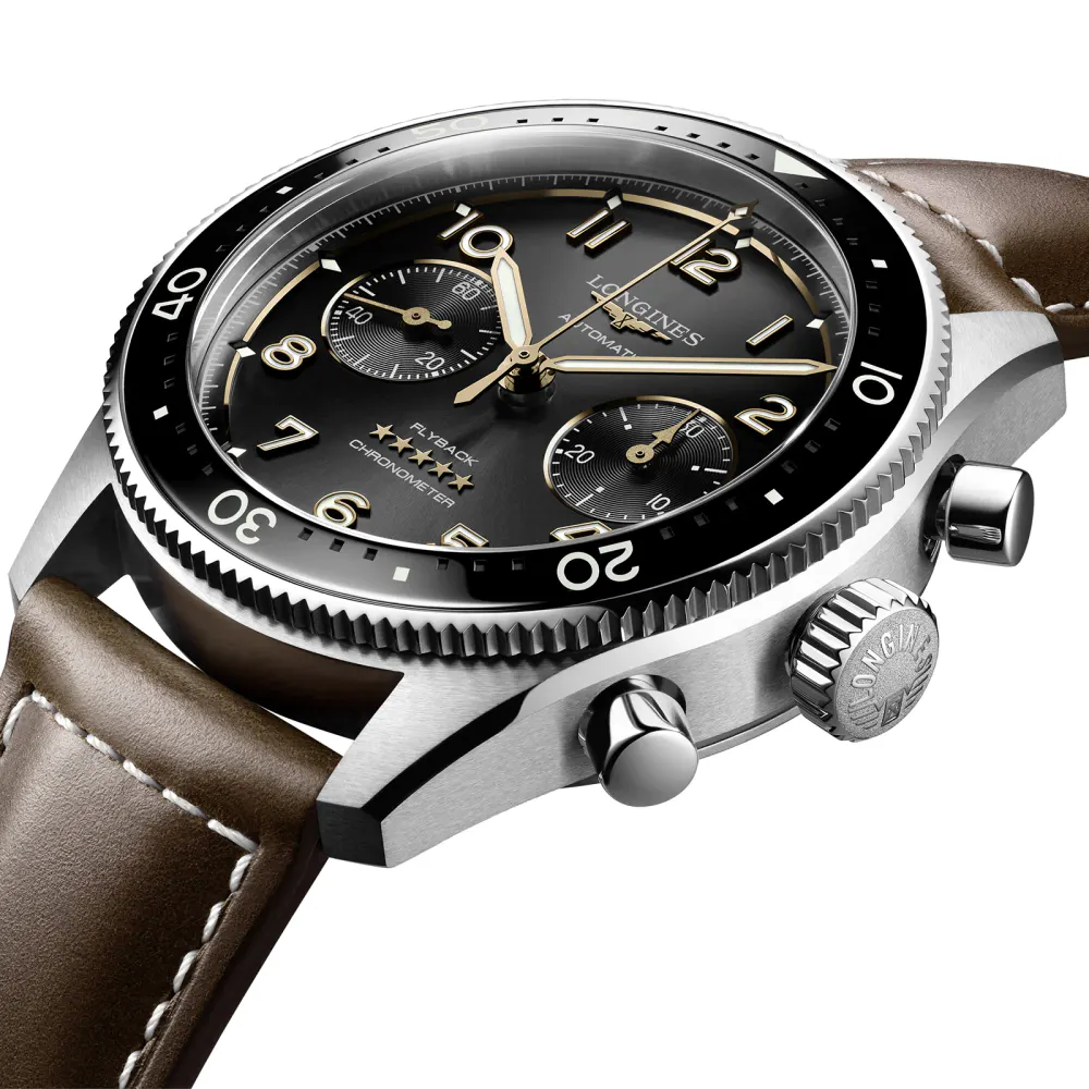 Longines Spirit Flyback 42mm Steel Brown Leather Strap Black Sunray Dial detail 3