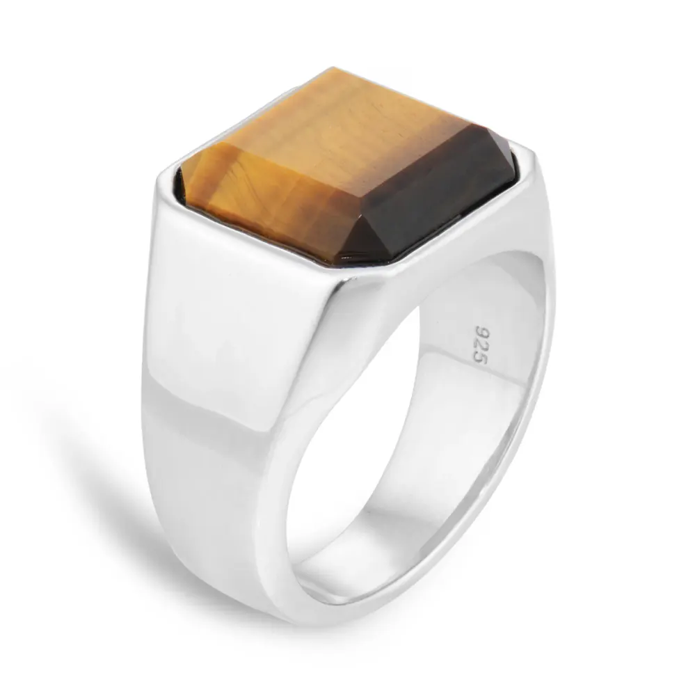 For Him Sterling Silver Cushion Shaped Tigers Eye Signet Ring detail 3