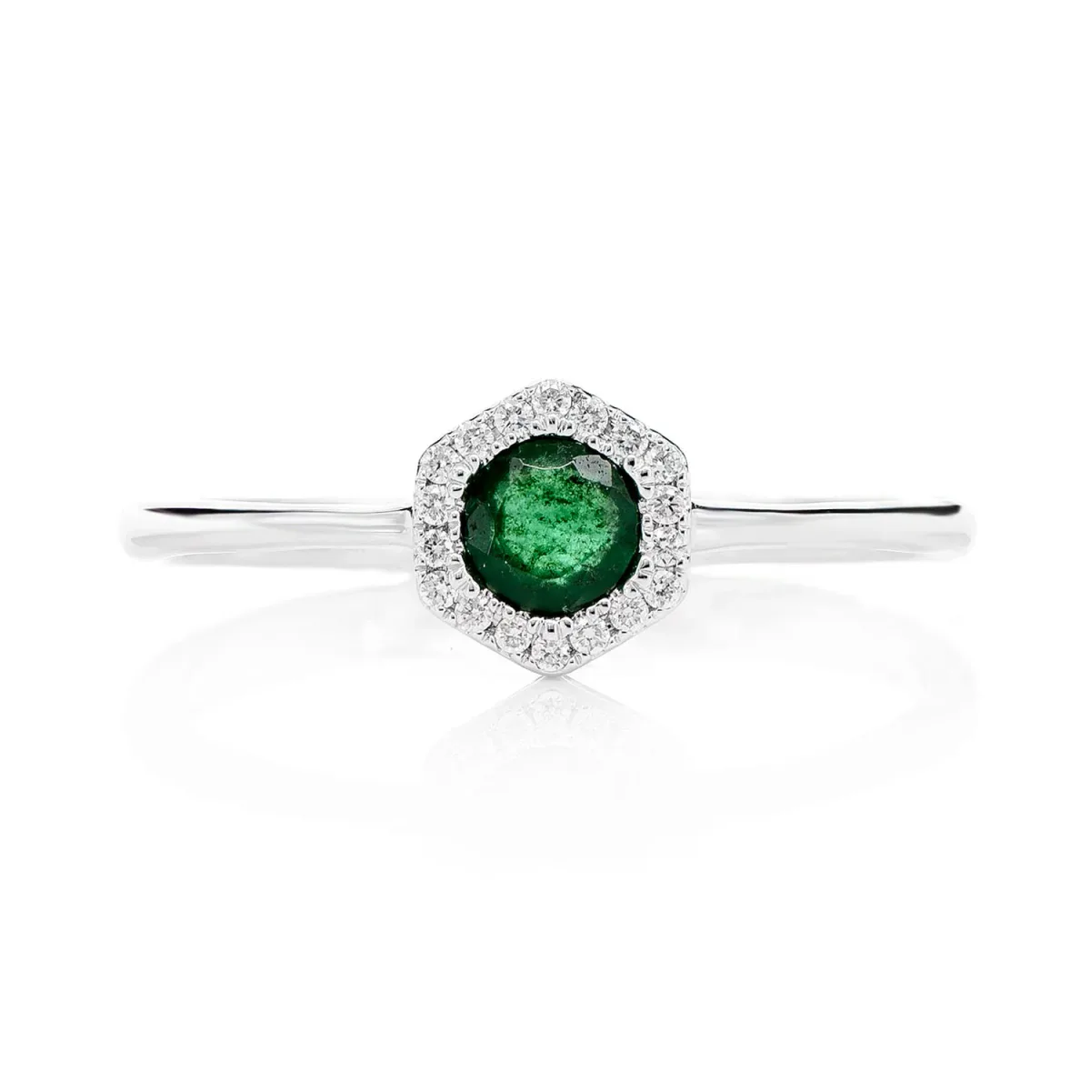 For Him Emerald and Diamond Hexagon Halo Ring in White Gold / Natural Diamond – Ring
