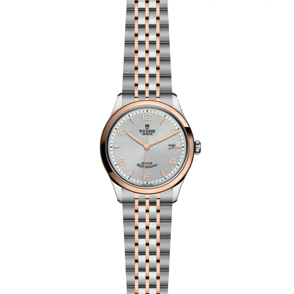 Tudor 1926 39mm Mens Watch Steel Case Rose Gold Bezel Silver Dial detail 2