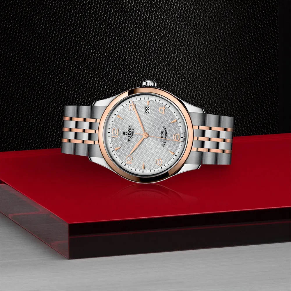 Tudor 1926 39mm Mens Watch Steel Case Rose Gold Bezel Silver Dial detail 3