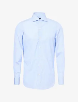 FINAMORE Napoli Striped Long-Sleeve Cotton Shirt - 15.75 in Blu Stripe – Mens | Shirts | Casual Shirts | Long-sleeved