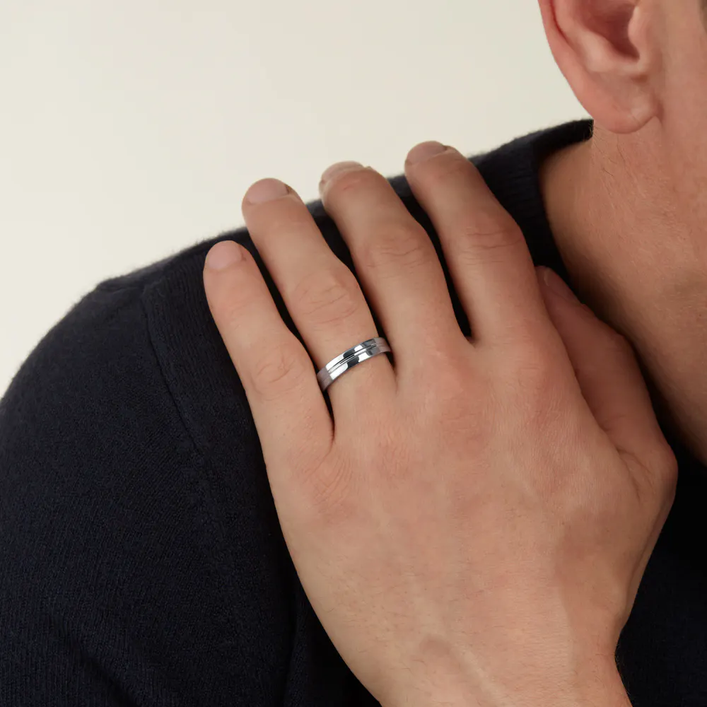 For Him 5mm Flat Court Heavy Grooved Polished Finish Wedding Ring In 9 Carat White Gold detail 2
