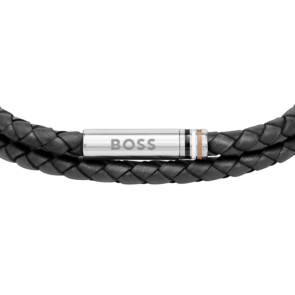 BOSS Gents BOSS Ares Black Leather Bracelet detail 2