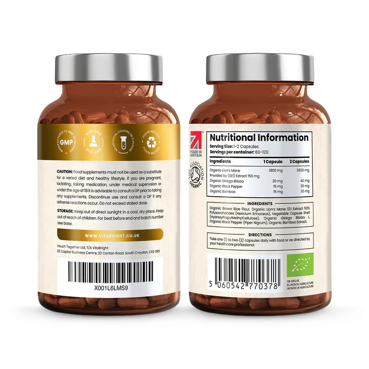 VitaBright Organic Lions Mane Mushroom Complex with Gingko Biloba - 3600mg per Serving - 120 Capsules, additional product view 2