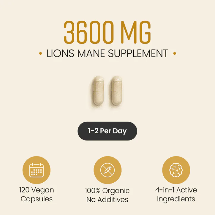 VitaBright Organic Lions Mane Mushroom Complex with Gingko Biloba - 3600mg per Serving - 120 Capsules, additional product view 3