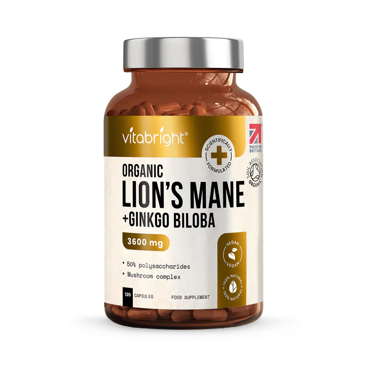 VitaBright Organic Lions Mane Mushroom Complex with Gingko Biloba - 3600mg per Serving - 120 Capsules