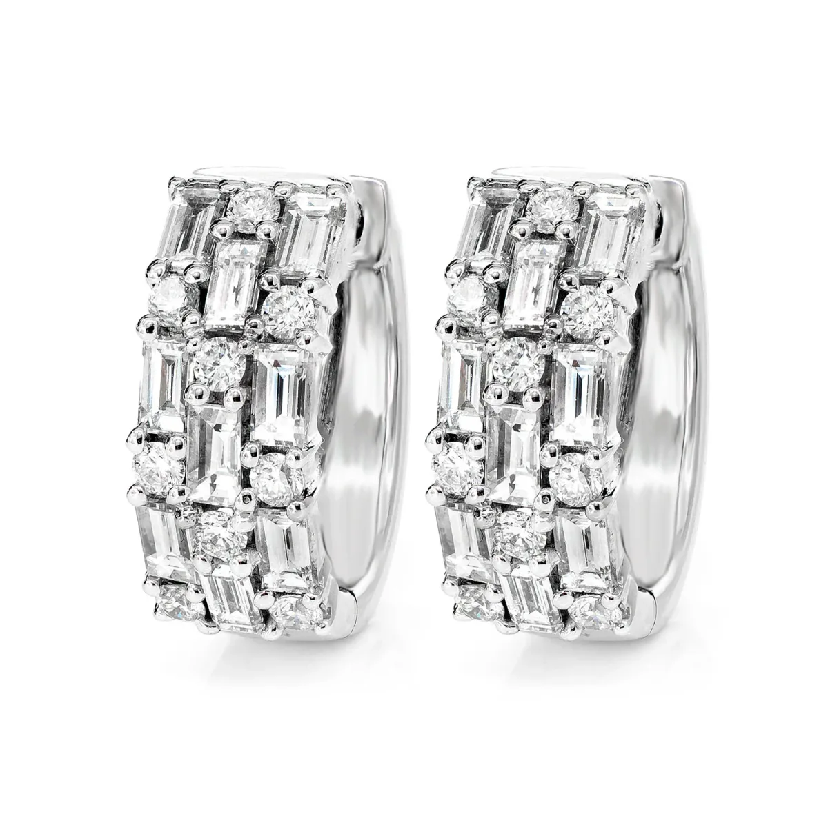 For Him Three Row Baguette and Round Diamond Hoop Earrings in White Gold / Natural Diamond – Earring