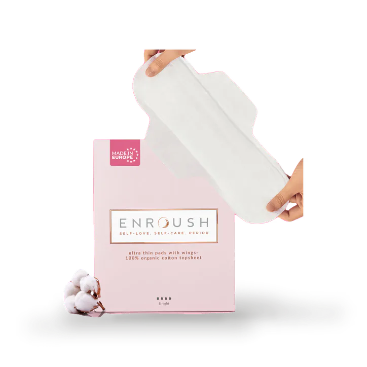 ENROUSH 100% Organic Cotton Topsheet Pads with Wings – 8 Pads – Night Absorbency