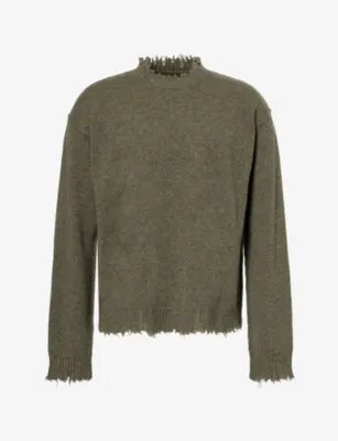 UMA WANG Long-Sleeve Raw-Edge Cashmere Jumper - ARMY GREEN in ARMY GREEN – Mens | Knitwear | Jumpers