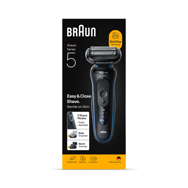 BRAUN Series 5 Electric Shaver, Up to 50 min, +2 Attachments, 52-B1650S, Blue