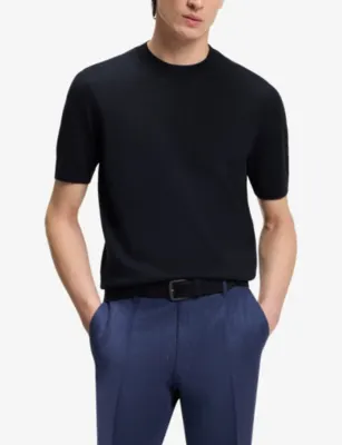 BOSS Short-Sleeve Crewneck Virgin-Wool Jumper in Dark Blue, additional product view 3