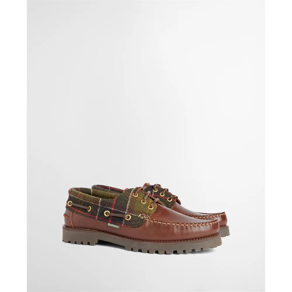 Barbour Men's B.Li Deck Leather Boat Shoes in Brown Tartan, additional product view 2