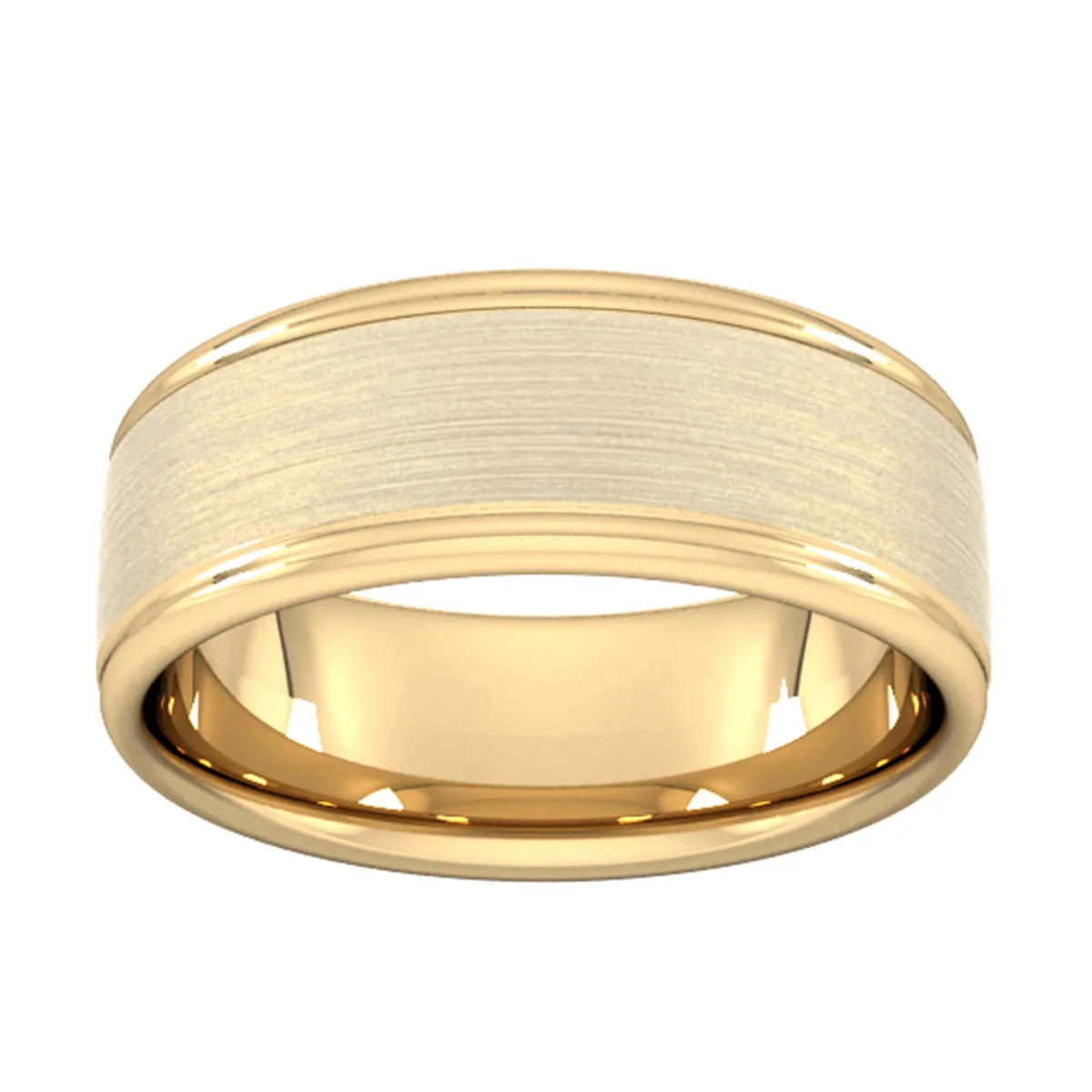For Him 8mm Slight Court Standard Matt Centre With Grooves Wedding Ring In 18 Carat Yellow Gold