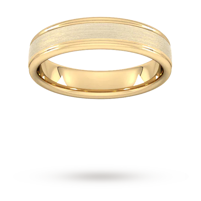 For Him 5mm Flat Court Heavy Matt Centre With Grooves Wedding Ring In 18 Carat Yellow Gold