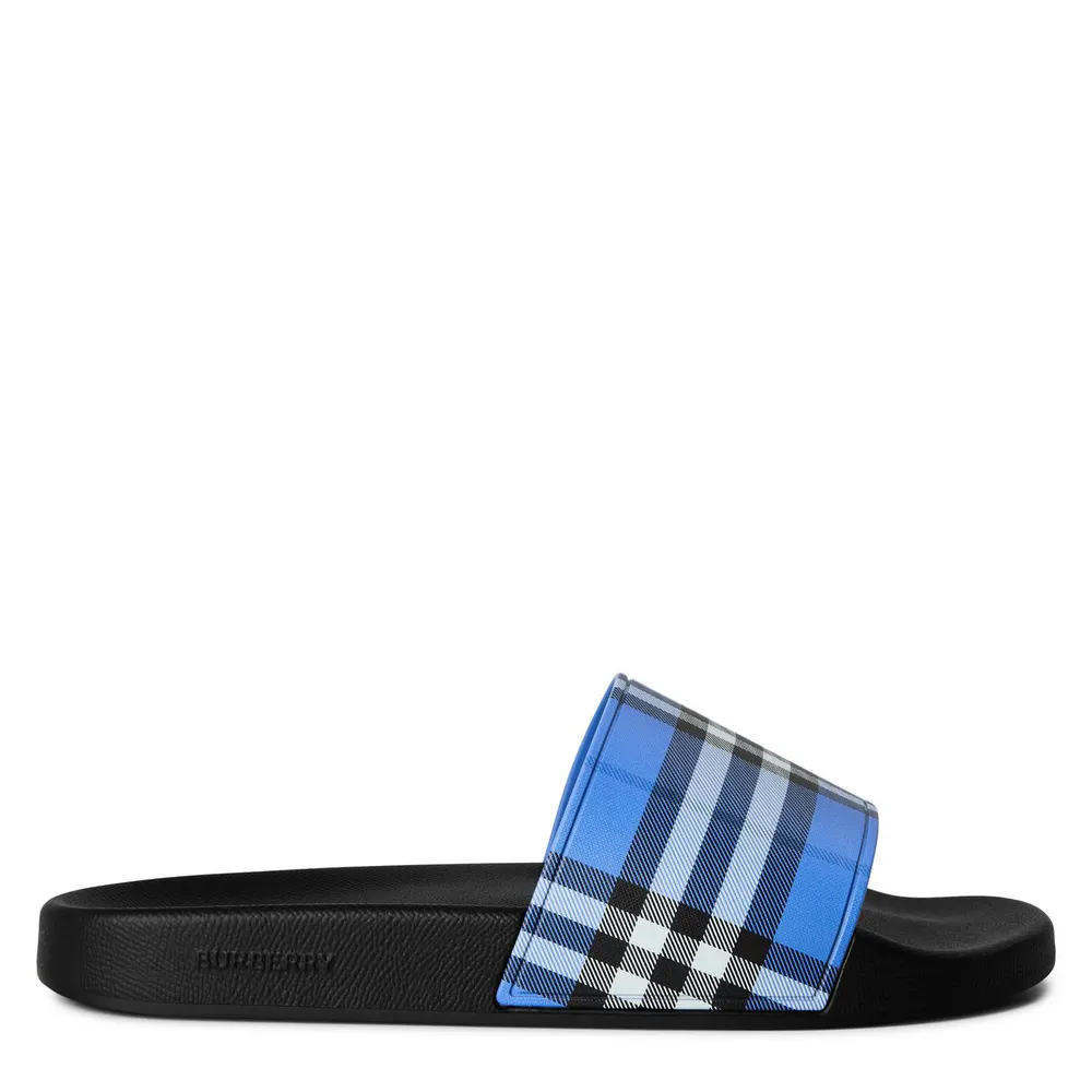 Burberry Mens Furley Check Slides in Cornflower Blue – Footwear