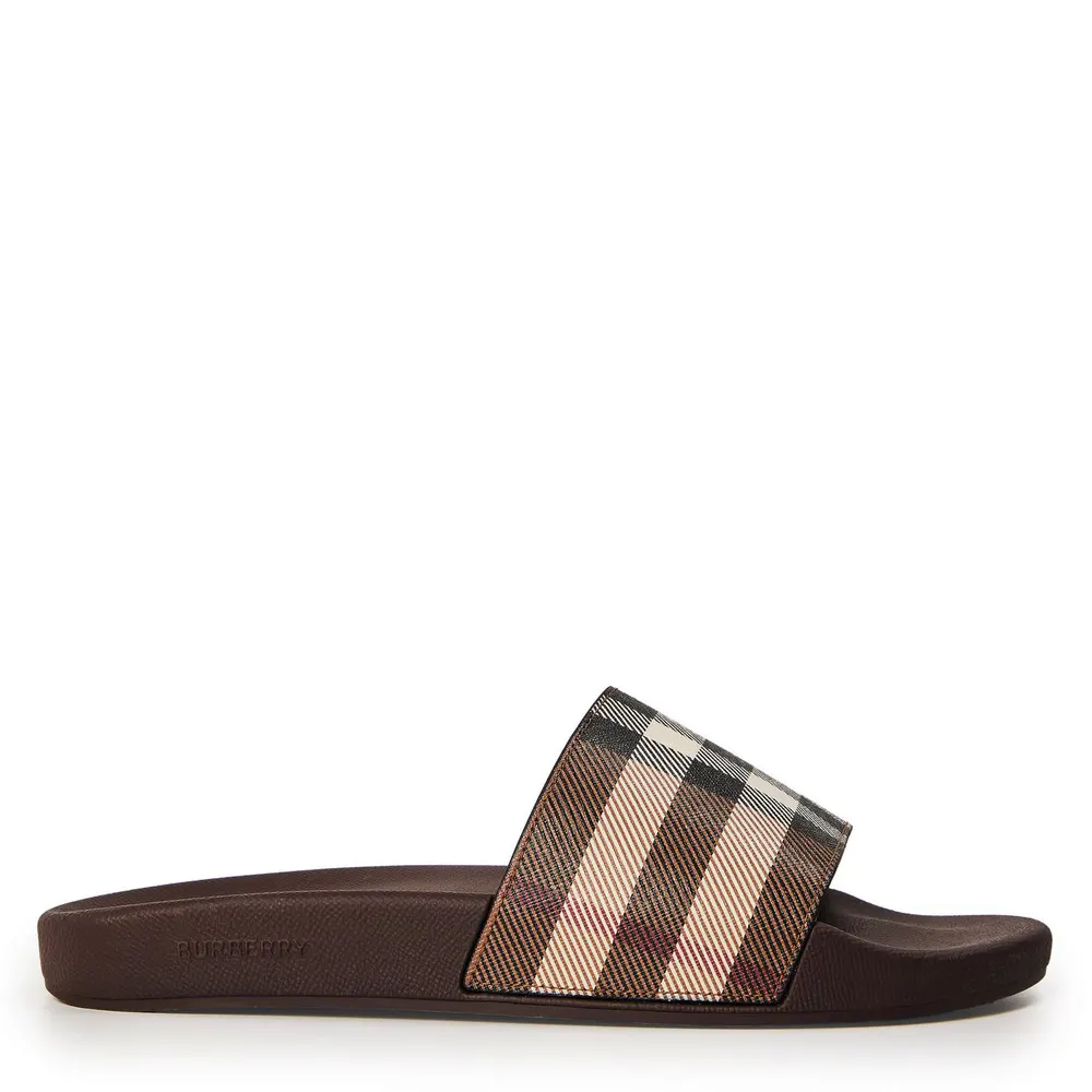 Burberry Mens Furley Check Slides in Dark Brown – Footwear