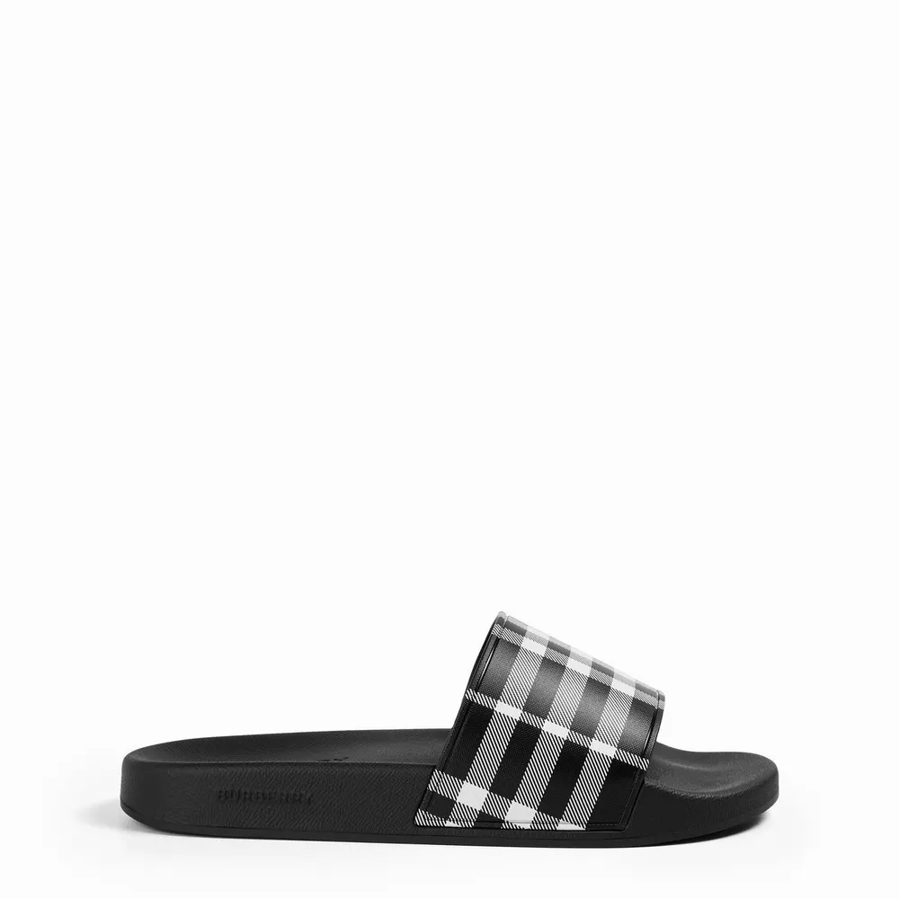 Burberry Mens Furley Check Slides in Black Calico – Footwear