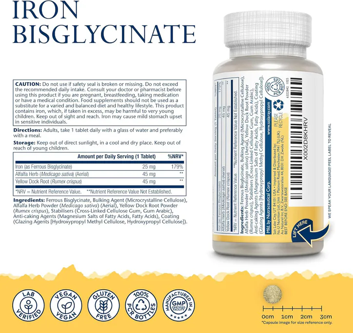 Solaray Iron Bisglycinate 25mg, Energy & Tiredness Support - 60 Vegan Tablets detail 2