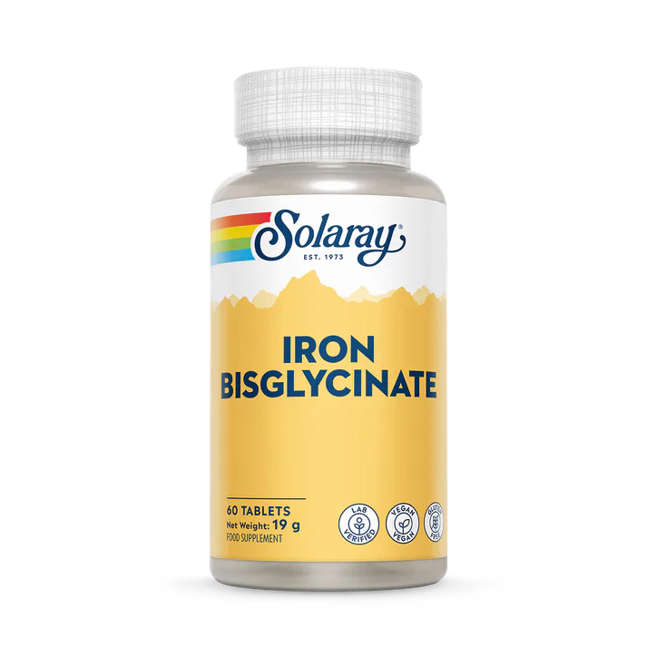 Solaray Iron Bisglycinate 25mg, Energy & Tiredness Support - 60 Vegan Tablets