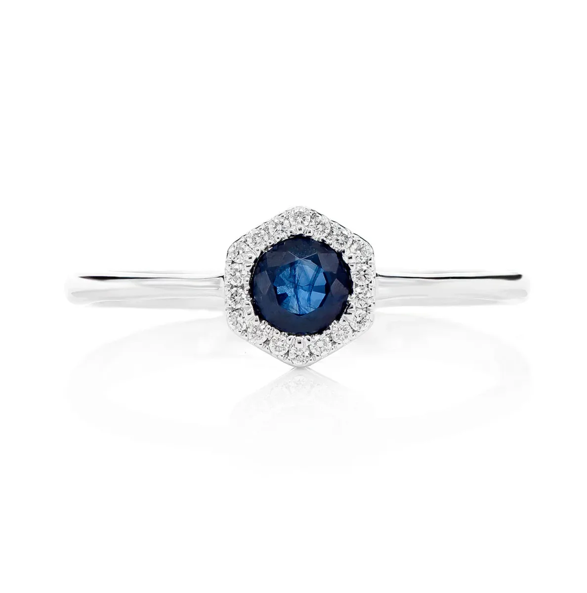 For Him Sapphire and Diamond Halo Hexagon Ring in White Gold / Lab Grown Diamond – Ring