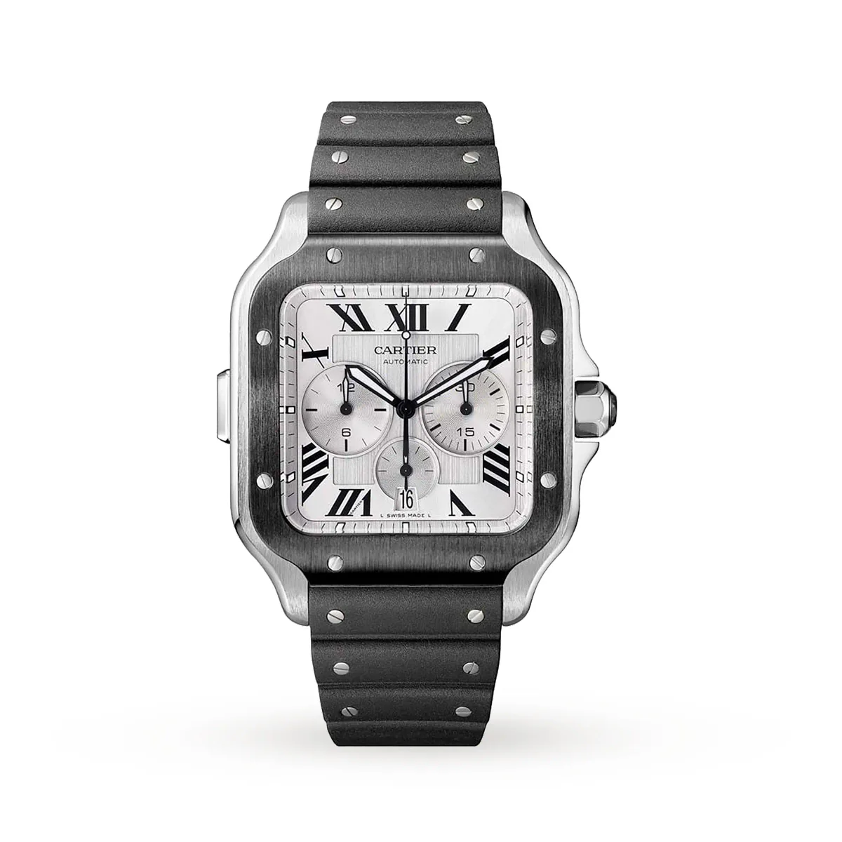 Cartier Santos De Cartier Chronograph Watch Extra-Large Model, Automatic Movement, Steel, ADLC, Interchangeable Rubber And Leather Bracelets