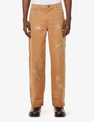 KARTIK RESEARCH Zardozi Bead-Embroidered Denim Work Trousers in BEIGE, additional product view 3