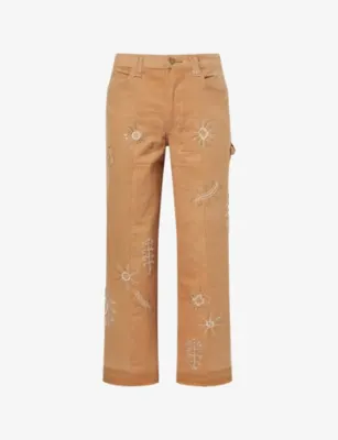 KARTIK RESEARCH Zardozi Bead-Embroidered Denim Work Trousers in BEIGE – Mens | Trousers & shorts | Casual