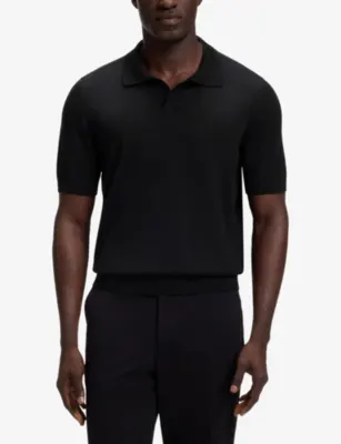 BOSS Short-Sleeved Knitted Wool Polo Shirt in BLACK, additional product view 3
