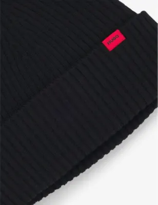 HUGO Brand-Patch Wool-Blend Beanie in BLACK, additional product view 2