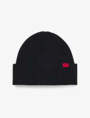 HUGO Brand-Patch Wool-Blend Beanie in BLACK – Mens | Hats | Beanies