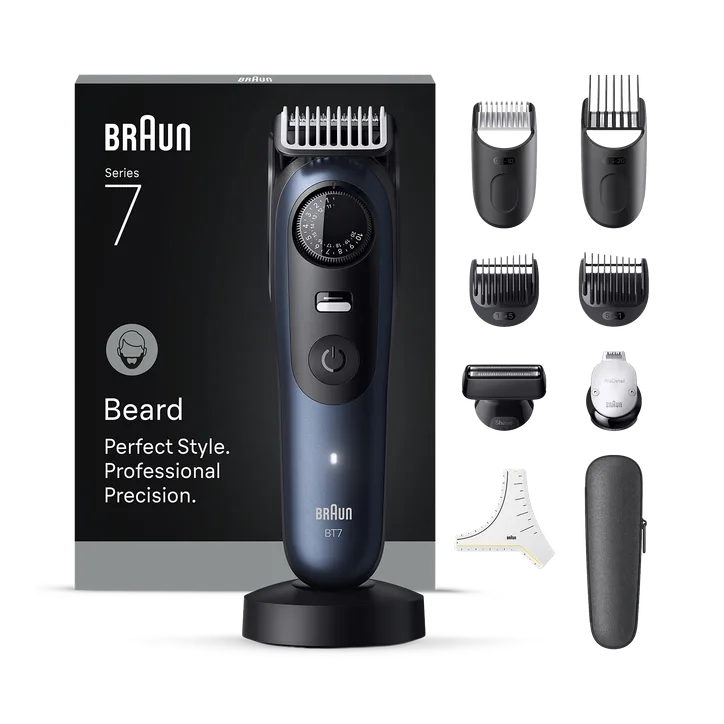BRAUN Beard Trimmer Series 7, +10 Barbering Tools, 40 Lengths, ProBlade, BT7540, Blue