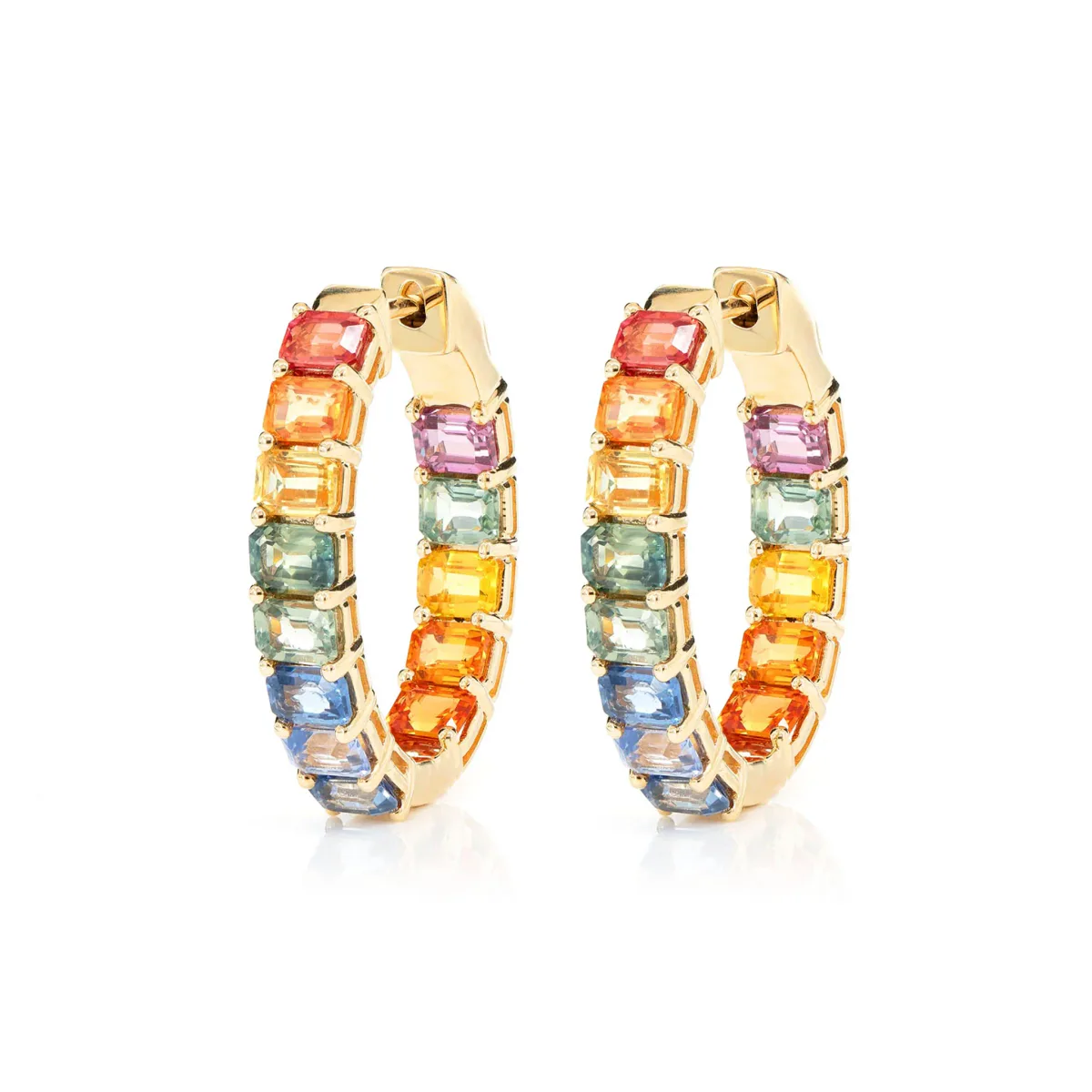 For Him Rainbow Colored Sapphire Inside Outside Diamond Hoop Earrings in Rose Gold / Lab Grown Diamond – Earring