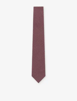 REISS Geometric Chain-Print Silk Tie - BURGUNDY