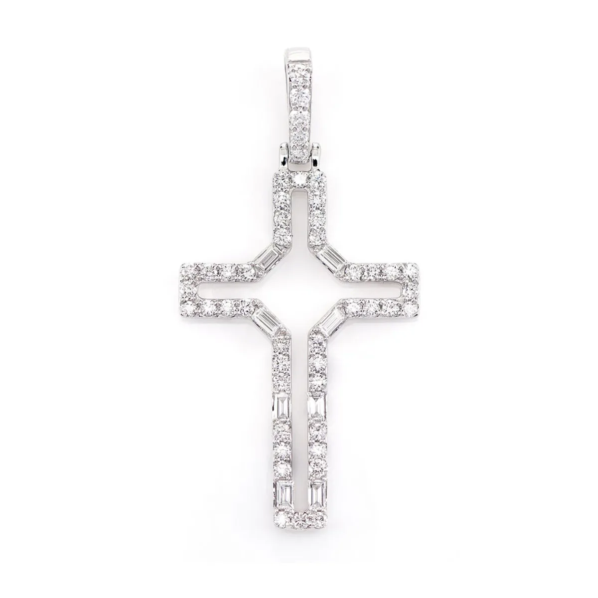 For Him Open Round and Baguette Diamond Cross Pendant in White Gold / VS / Natural Diamond – Pendant