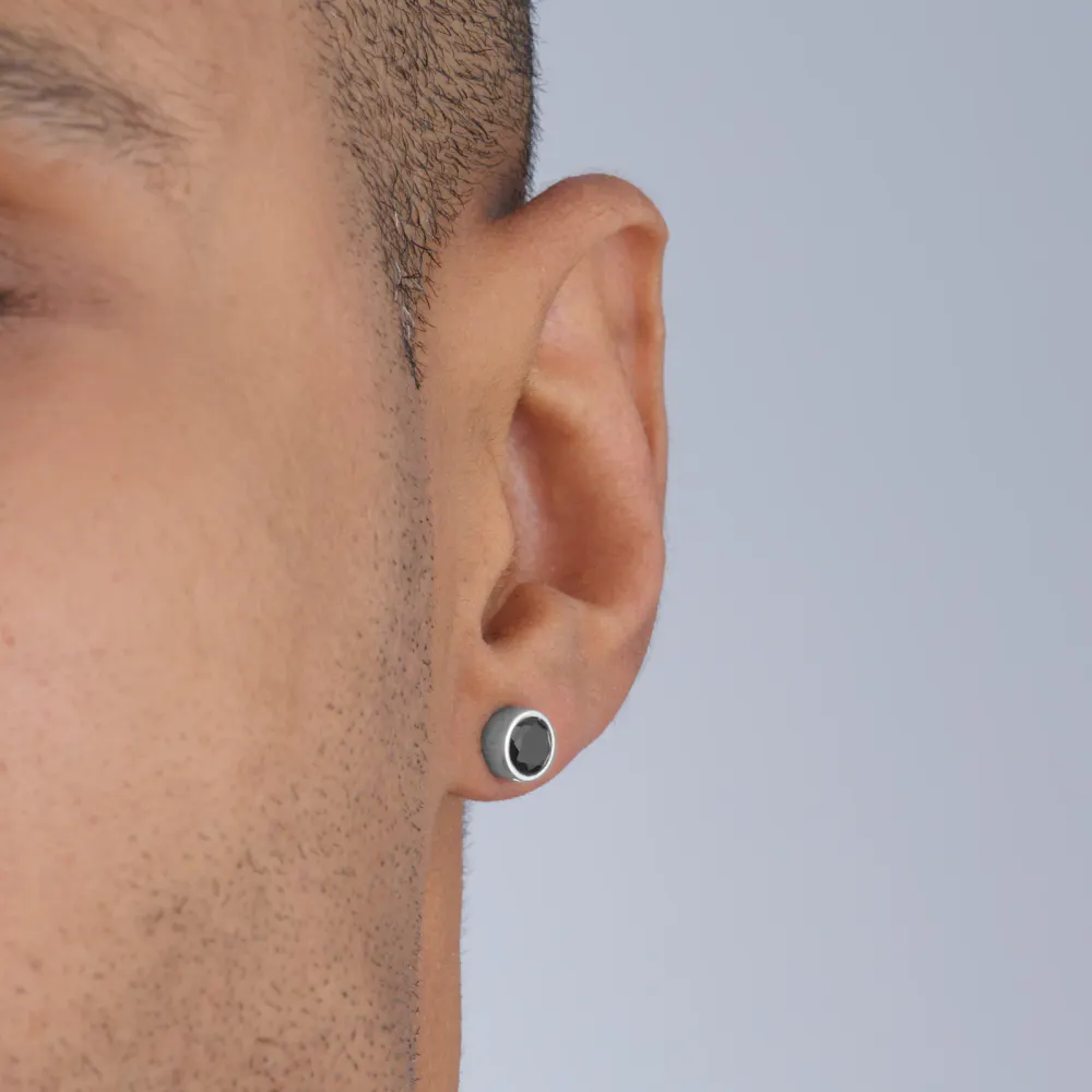 For Him Sterling Silver Jet Round Stud Earrings detail 2