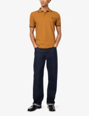 FRED PERRY Twin-Tipped Collared Cotton Polo Shirt in Drk Carml/nvy, additional product view 2