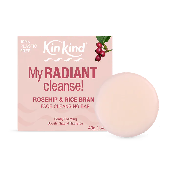 KinKind My Radiant CLEANSE! Facial Cleansing Bar with Rosehip Seed Oil and Rice Bran Oil. Gently Foaming, Soap-Free, Non-Drying.