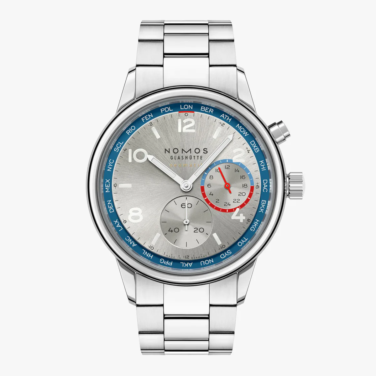 NOMOS Glashutte Club Sport Neomatik Worldtimer 40mm Mens Watch Silver