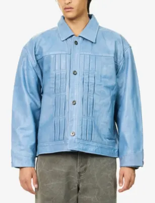 FOUND Trucker Pleats Leather Jacket in LIGHT BLUE, additional product view 3