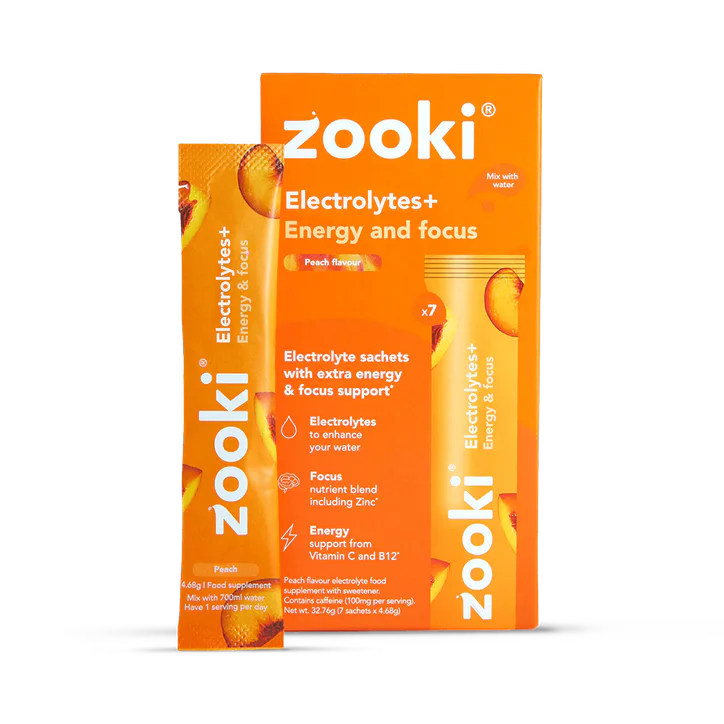 Zooki Electrolytes+ Energy & Focus, Peach Flavour 7 Sachets