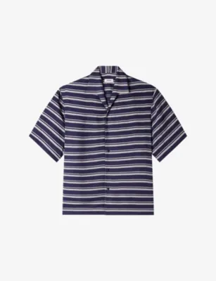 SANDRO Striped Boat-Neck Relaxed Woven Shirt - CHOCOLATE detail 2