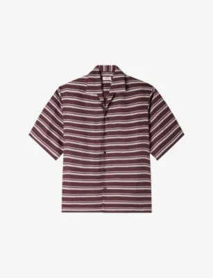 SANDRO Striped Boat-Neck Relaxed Woven Shirt - CHOCOLATE