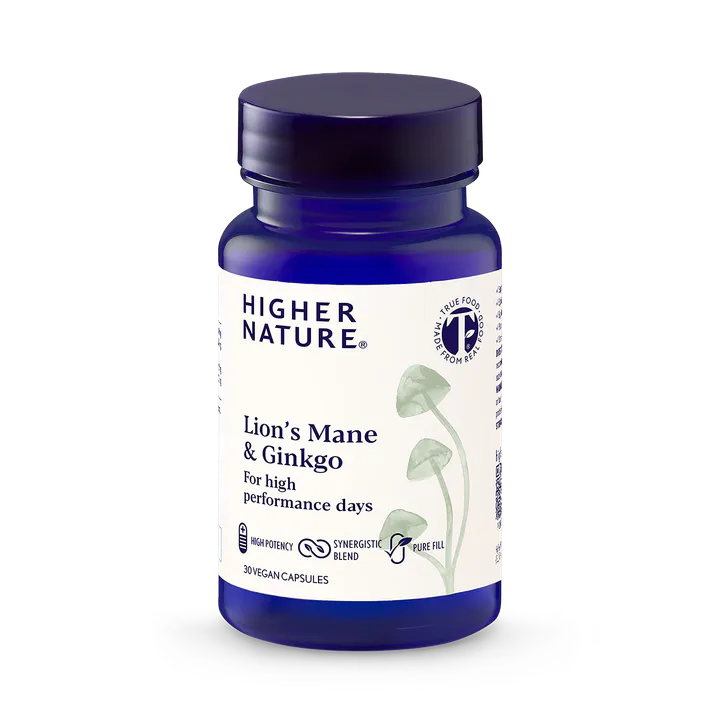 Higher Nature Lion's Mane & Ginkgo - 9,600mg High-strength Nootropic blend - 30 Vegan Capsules