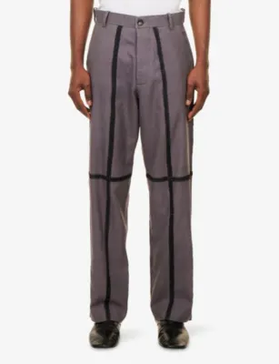 KARTIK RESEARCH Wrinkled Contrast-Stitch Cotton Trousers in DEEP PURPLE, additional product view 3