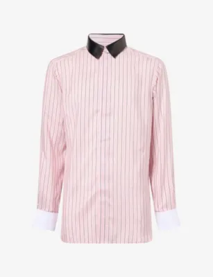 TOM FORD Leather Collar Oxford Striped Silk Shirt