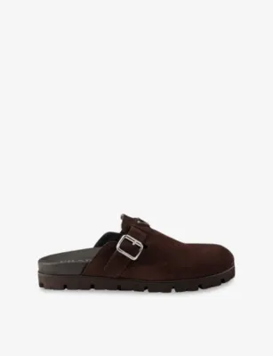 PRADA Logo-Plaque Suede Mules - NEUTRAL - EUR 39 / 5 UK MEN in BROWN – Mens | Casual shoes | Slip on