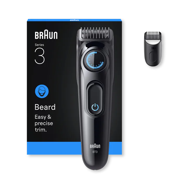 BRAUN Beard Trimmer Series 3, +2 Styling Tools, 20 Lengths, Sharp Blade, BT3500, Black